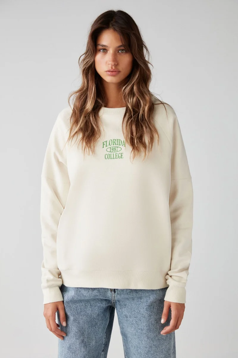 GRIMELANGE Adrielle Relaxed Fit Embroidery Printed Knitted Crew Neck Ecru Sweatshirt