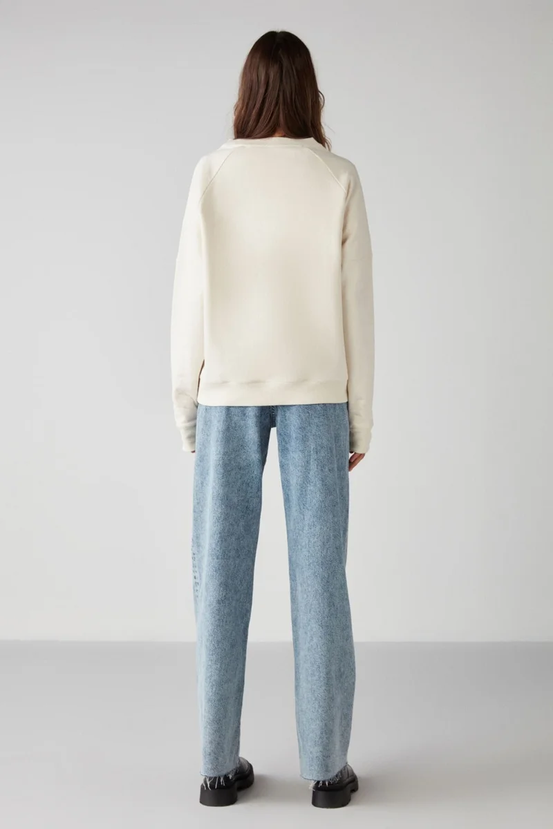 GRIMELANGE Adrielle Relaxed Fit Embroidery Printed Knitted Crew Neck Ecru Sweatshirt
