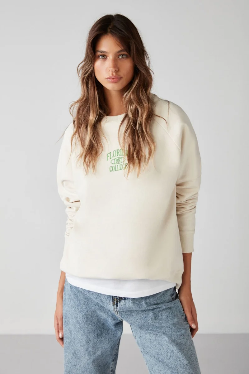 GRIMELANGE Adrielle Relaxed Fit Embroidery Printed Knitted Crew Neck Ecru Sweatshirt