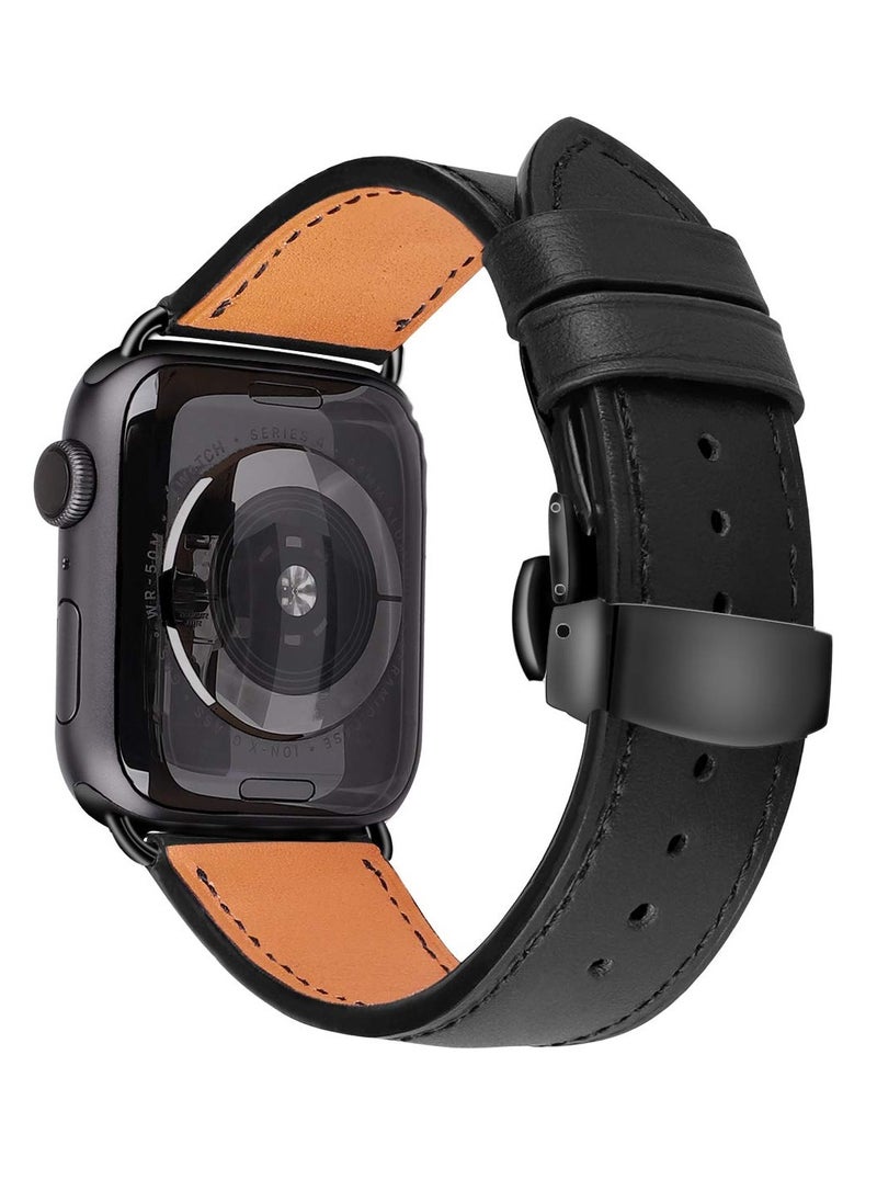SYOSI - Genuine Leather Band for Apple Watch Premium Quality Strap with Butterfly Clasp for Men Compatible with iWatch SE Series 9 8 7 6 5 4 3 2 1or Ultra Ultra 2 Black Compatible All Series of iWatch - Image 1