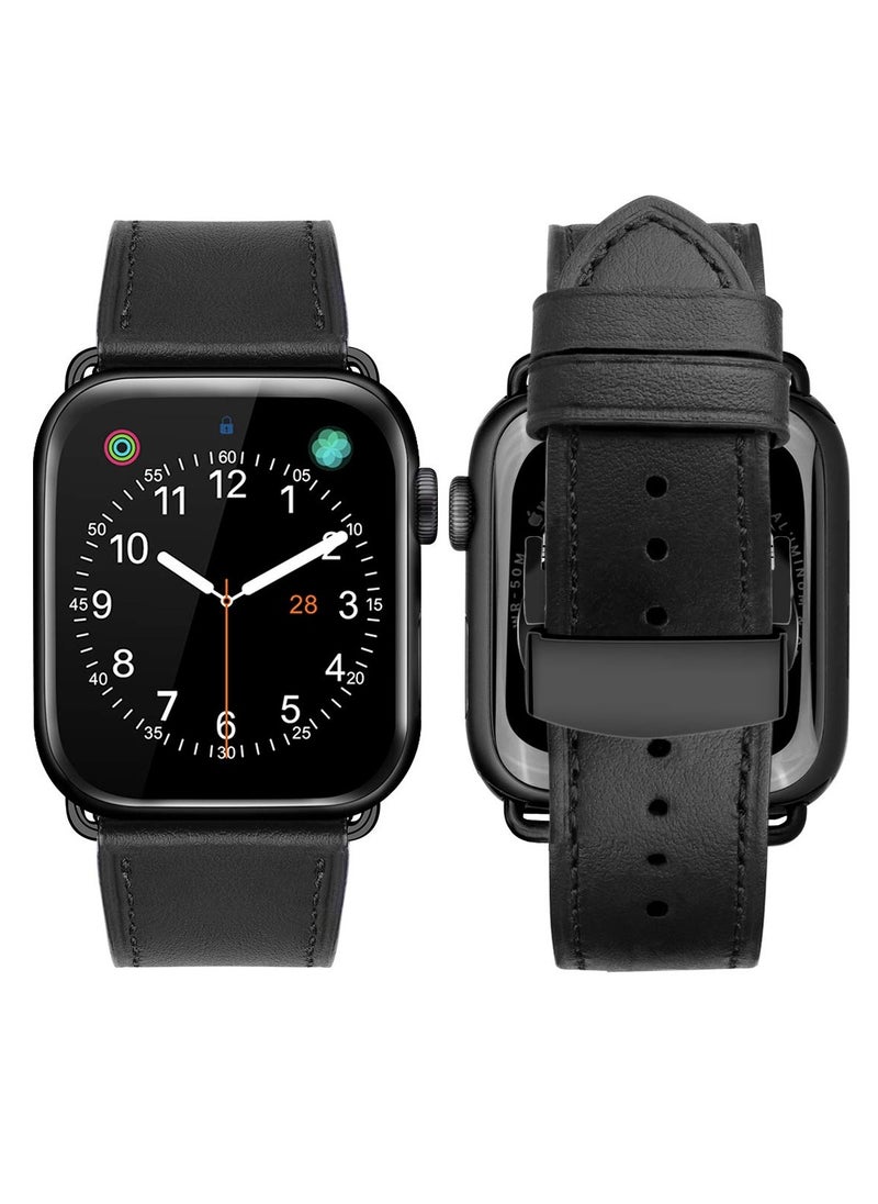 SYOSI - Genuine Leather Band for Apple Watch Premium Quality Strap with Butterfly Clasp for Men Compatible with iWatch SE Series 9 8 7 6 5 4 3 2 1or Ultra Ultra 2 Black Compatible All Series of iWatch - Image 1