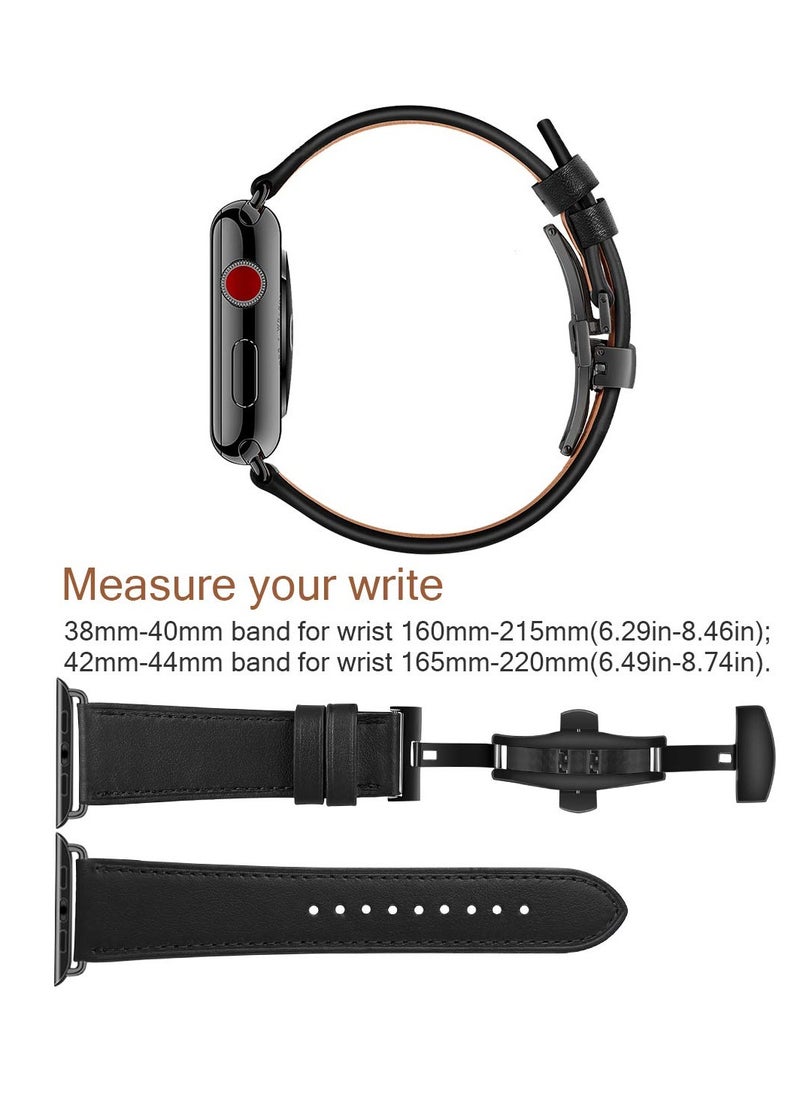 SYOSI - Genuine Leather Band for Apple Watch Premium Quality Strap with Butterfly Clasp for Men Compatible with iWatch SE Series 9 8 7 6 5 4 3 2 1or Ultra Ultra 2 Black Compatible All Series of iWatch - Image 1