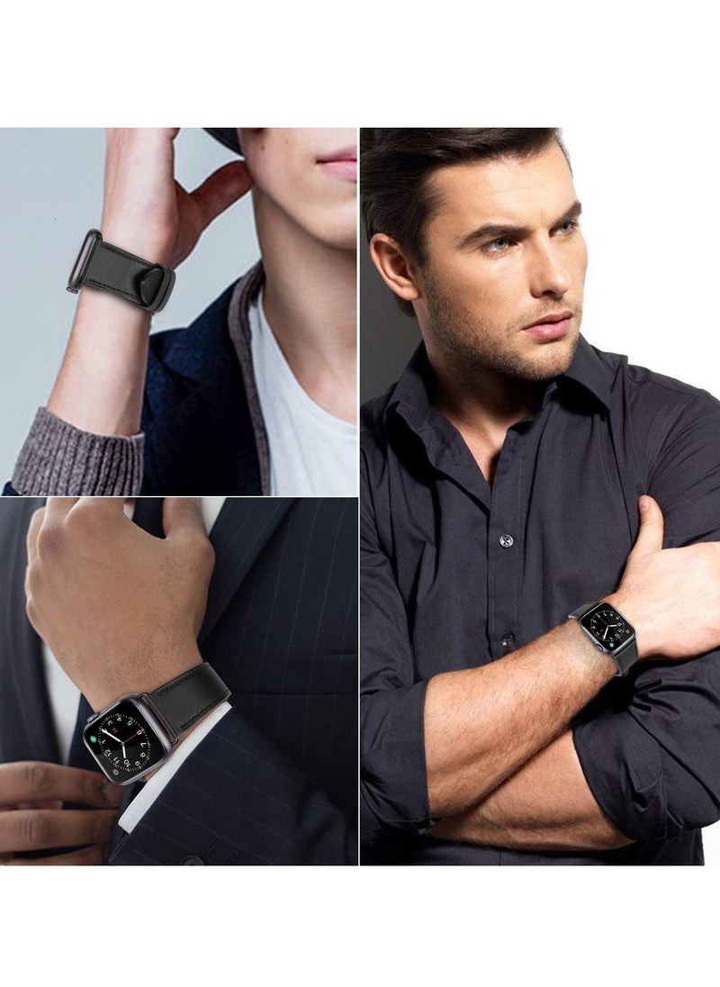 SYOSI - Genuine Leather Band for Apple Watch Premium Quality Strap with Butterfly Clasp for Men Compatible with iWatch SE Series 9 8 7 6 5 4 3 2 1or Ultra Ultra 2 Black Compatible All Series of iWatch - Image 1