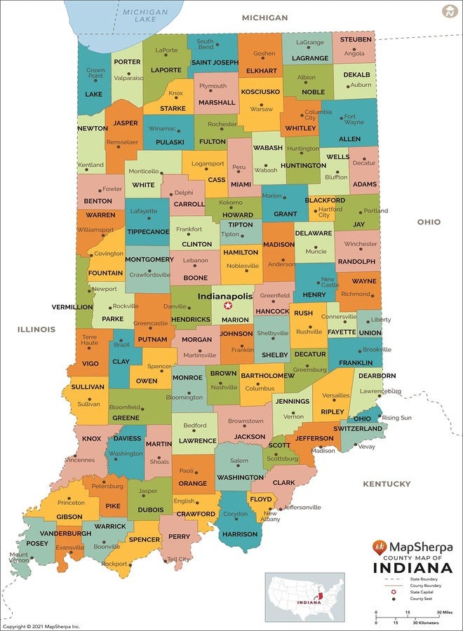MapSherpa Indiana Counties Map - Standard - 36" x 52.25" Laminated - Image 1