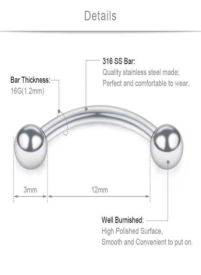 SCERRING 12PCS 16G Stainless Steel Curved Barbell Eyebrow Tragus Helix Ear Belly Lip Ring Body Piercing Jewelry, 316L Surgical Steel - Image 2