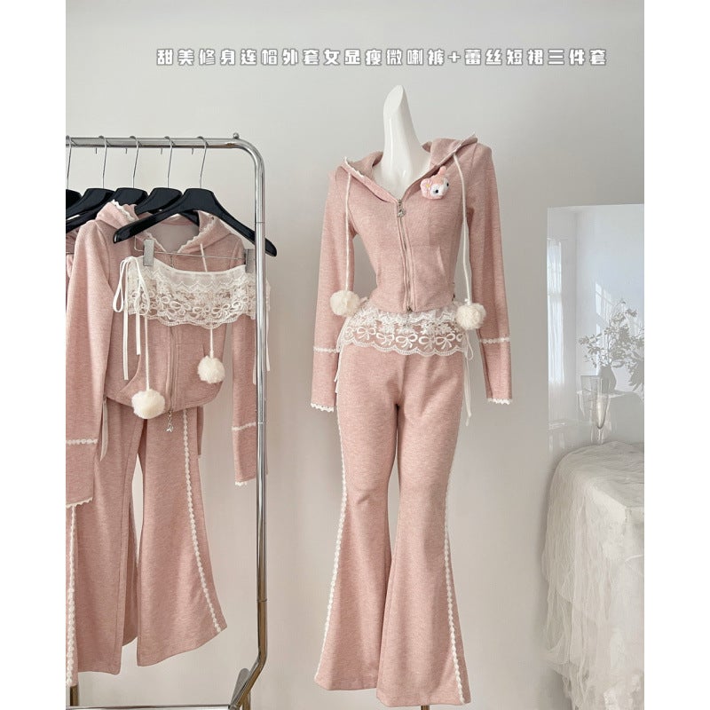 Trendy Sweet and Flirty Dance Music Internet Celebrity Pure Desire Style Slimming Hooded Top with Slightly Flared Lace Pants for Women Lace curtain
