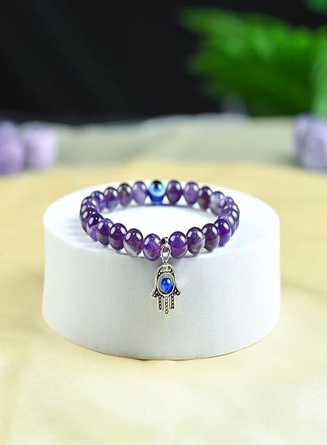 Sukhad Amethyst Evil Eye Bracelet for Men & Women | Hamsa Hand Protection | Purple Crystal Healing Bead Bracelet | Positive Energy, Protection & Spiritual Lucky Bracelet - Image 2