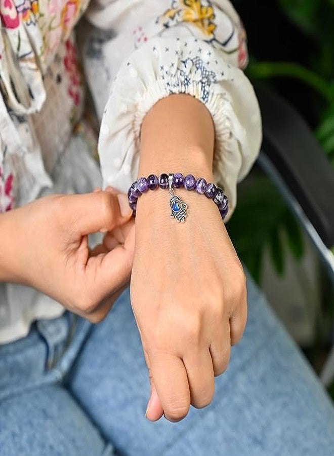 Sukhad Amethyst Evil Eye Bracelet for Men & Women | Hamsa Hand Protection | Purple Crystal Healing Bead Bracelet | Positive Energy, Protection & Spiritual Lucky Bracelet - Image 3