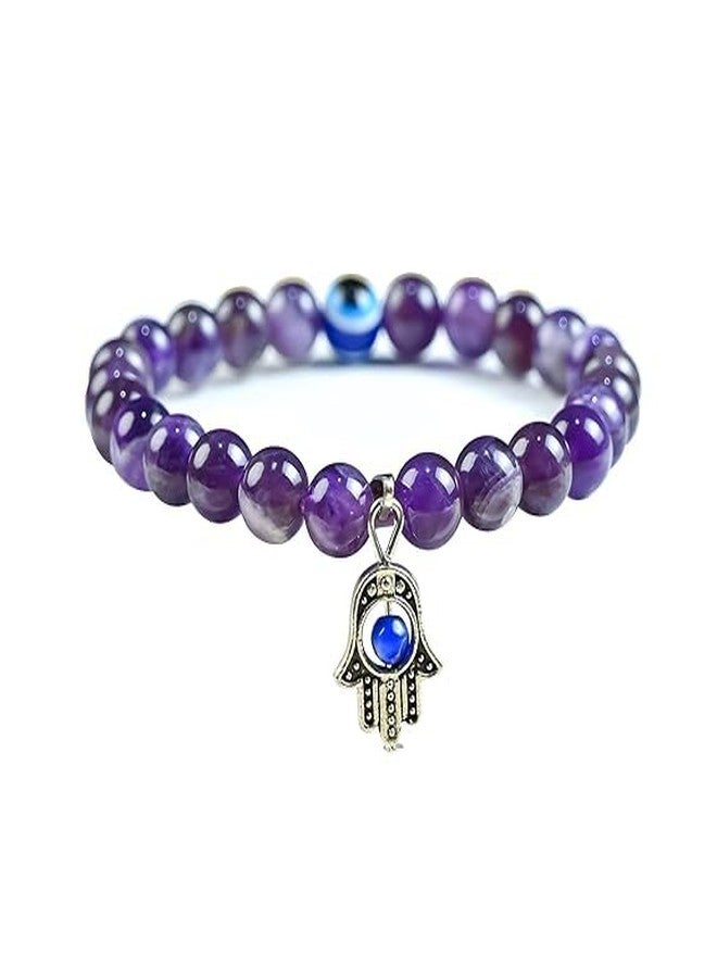 Sukhad Amethyst Evil Eye Bracelet for Men & Women | Hamsa Hand Protection | Purple Crystal Healing Bead Bracelet | Positive Energy, Protection & Spiritual Lucky Bracelet - Image 1