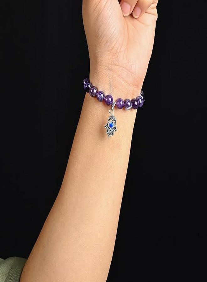 Sukhad Amethyst Evil Eye Bracelet for Men & Women | Hamsa Hand Protection | Purple Crystal Healing Bead Bracelet | Positive Energy, Protection & Spiritual Lucky Bracelet - Image 5