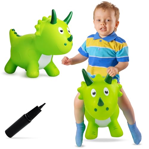 VangeBow Dinosaur Bouncy Animal for Toddlers 3 Ride On Dinosaur Hopper Toys for 3 Year Old Girl Boy Kid First Birthday Gift Outdoor Indoor Triceratops Hopping Horse Bouncer Pump Included - Image 1