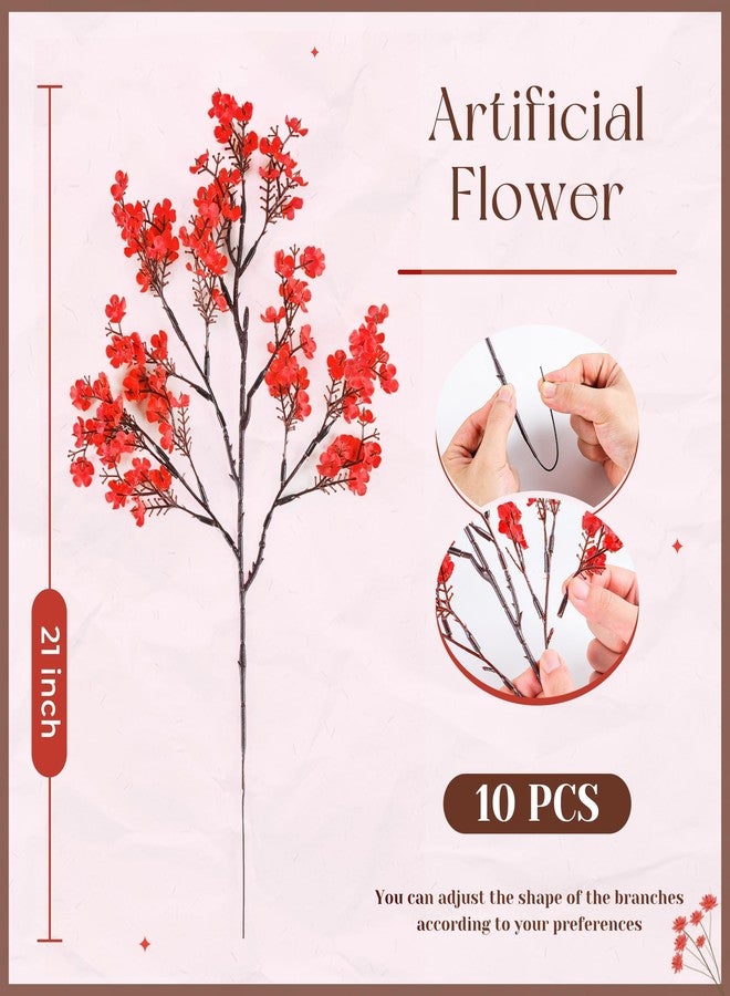 Der Rose Red Artificial Baby's Breath Flowers, 10pcs 21in Faux Gypsophila Stems, Red Silk Flowers for Valentine's Day Decor, Fake Red Flowers for Indoor Vase Arrangements - Image 2