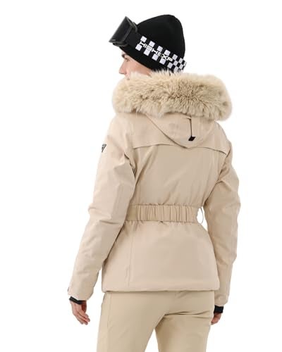 HIGH EXPERIENCE Women's Ski Jacket Snowboard Fitted Slim Belted Snow Coat Warm Winter Mountain Waterproof Windproof Insulated Hooded (US, Alpha, Medium, Regular, Regular, Light Khaki) - Image 2