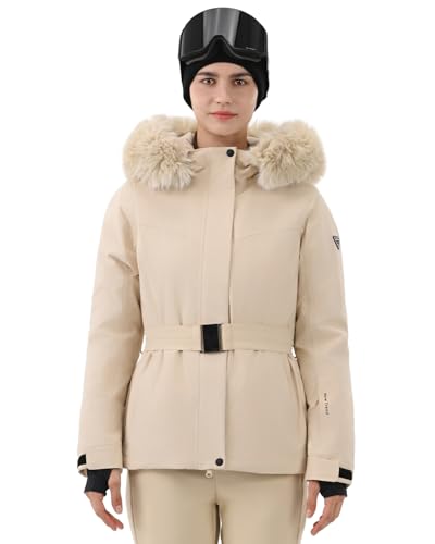 HIGH EXPERIENCE Women's Ski Jacket Snowboard Fitted Slim Belted Snow Coat Warm Winter Mountain Waterproof Windproof Insulated Hooded (US, Alpha, Medium, Regular, Regular, Light Khaki) - Image 1