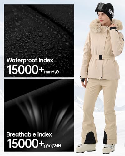 HIGH EXPERIENCE Women's Ski Jacket Snowboard Fitted Slim Belted Snow Coat Warm Winter Mountain Waterproof Windproof Insulated Hooded (US, Alpha, Medium, Regular, Regular, Light Khaki) - Image 4