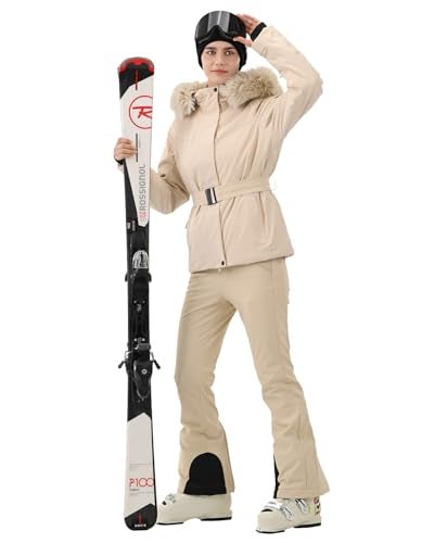 HIGH EXPERIENCE Women's Ski Jacket Snowboard Fitted Slim Belted Snow Coat Warm Winter Mountain Waterproof Windproof Insulated Hooded (US, Alpha, Medium, Regular, Regular, Light Khaki) - Image 3