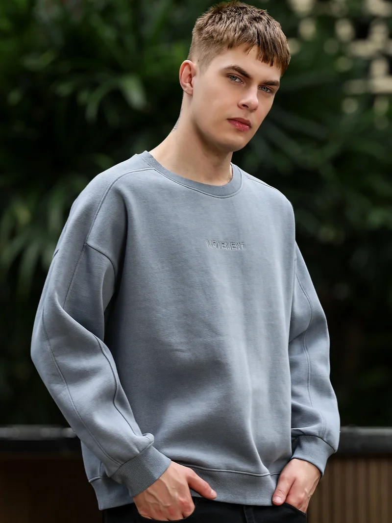 Maniac  Maniac Mens Solid Round Neck Full Sleeve Light Grey Cotton Fleece Sweatshirt for Men | Best Price UAE