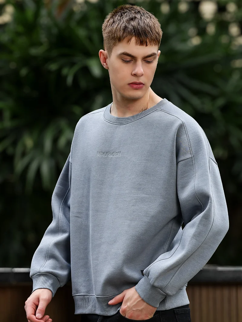 مانياك Maniac Mens Solid Round Neck Full Sleeve Light Grey Cotton Fleece Sweatshirt