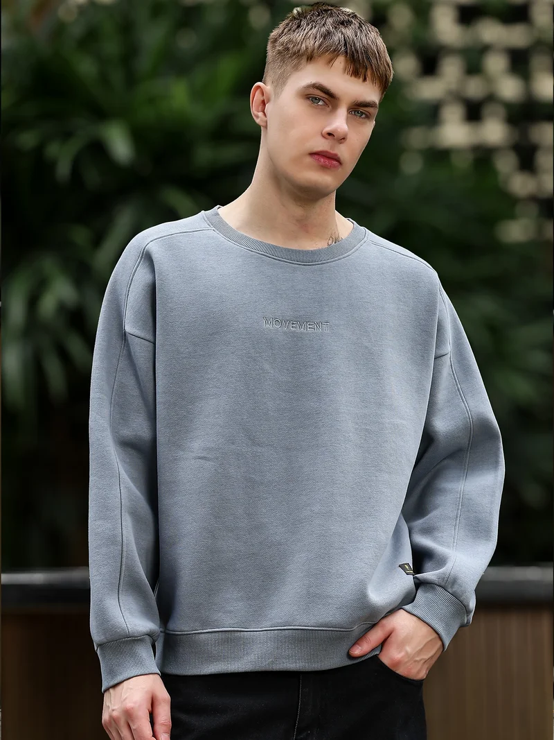 مانياك Maniac Mens Solid Round Neck Full Sleeve Light Grey Cotton Fleece Sweatshirt