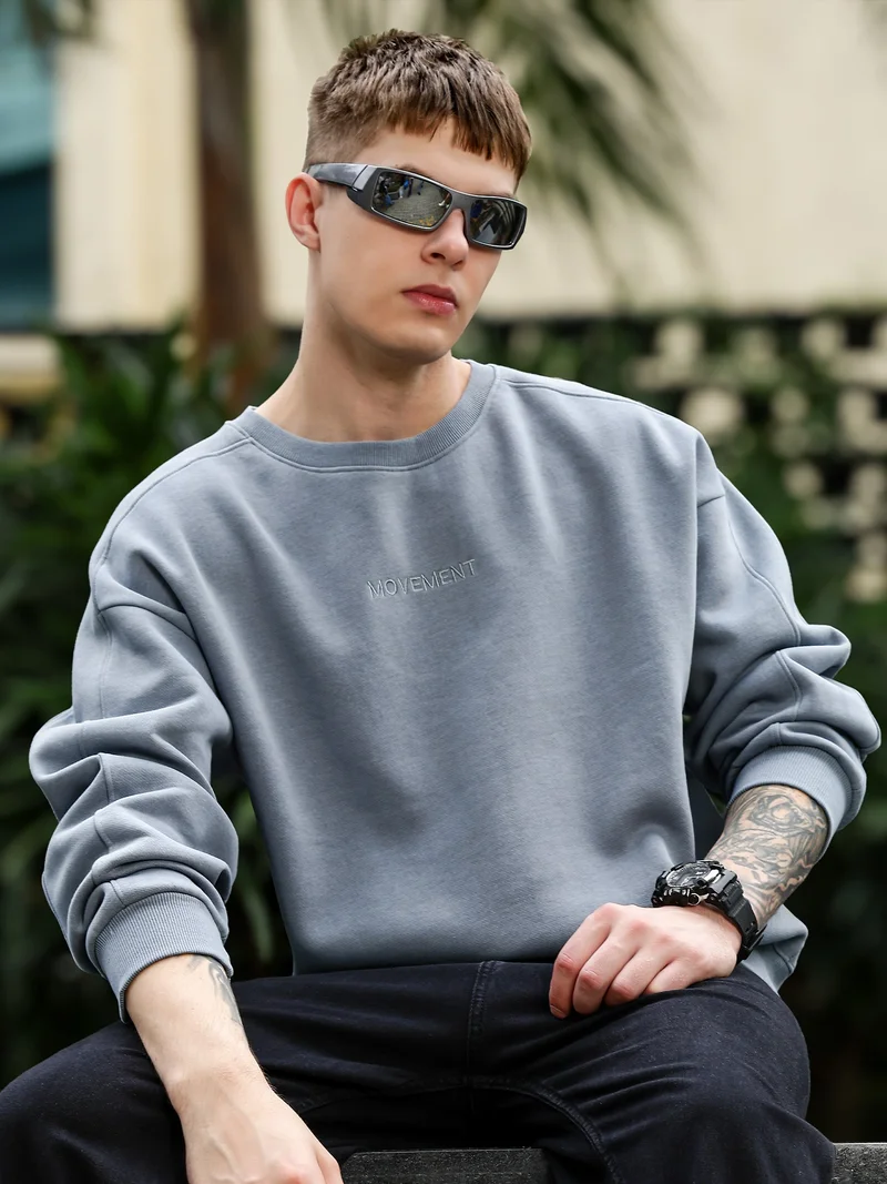 Maniac  Maniac Mens Solid Round Neck Full Sleeve Light Grey Cotton Fleece Sweatshirt for Men | Best Price UAE