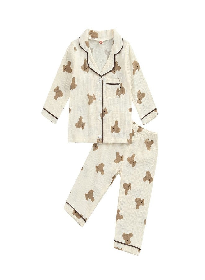 BULINGNA Kids Toddler Girl Boy Two Piece Pajamas Set Long Sleeve Button Down Pajama Shirt Top Long Pants Bear Sleepwear Pjs Set (Apricot, 2-3T) - Image 1
