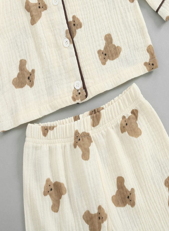BULINGNA Kids Toddler Girl Boy Two Piece Pajamas Set Long Sleeve Button Down Pajama Shirt Top Long Pants Bear Sleepwear Pjs Set (Apricot, 2-3T) - Image 5