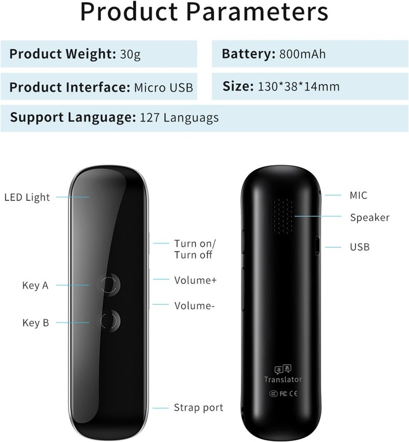 Voice Language Translator Device, Portable Two - Way Translator, 127 Languages, 38g Lightweight - Real - Time Translation, BT Connection, Ideal for Travel and - Image 2