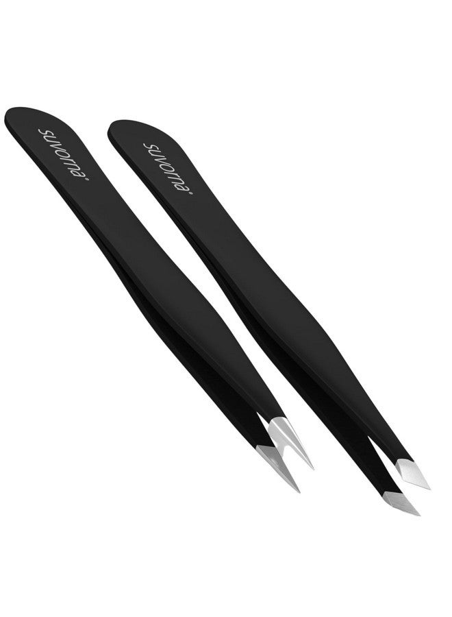 Suvorna Tweezers For Women Facial Hair Made With Stainless Steel - 1 Sharp Pointed & 1 Slanted Tweezers For Eyebrow, Ingrown Hair, Facial Hairs, Eye Lashes & Splinter Remover (4-Inch Size, Black) - Image 1