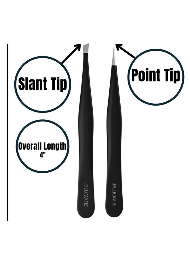 Suvorna Tweezers For Women Facial Hair Made With Stainless Steel - 1 Sharp Pointed & 1 Slanted Tweezers For Eyebrow, Ingrown Hair, Facial Hairs, Eye Lashes & Splinter Remover (4-Inch Size, Black) - Image 3