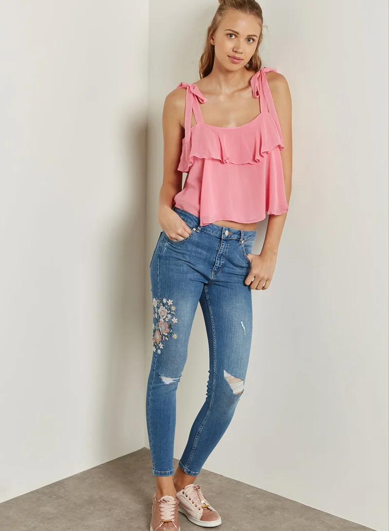 Miss Selfridge Tie Strap Ruffle Detail Cami Top