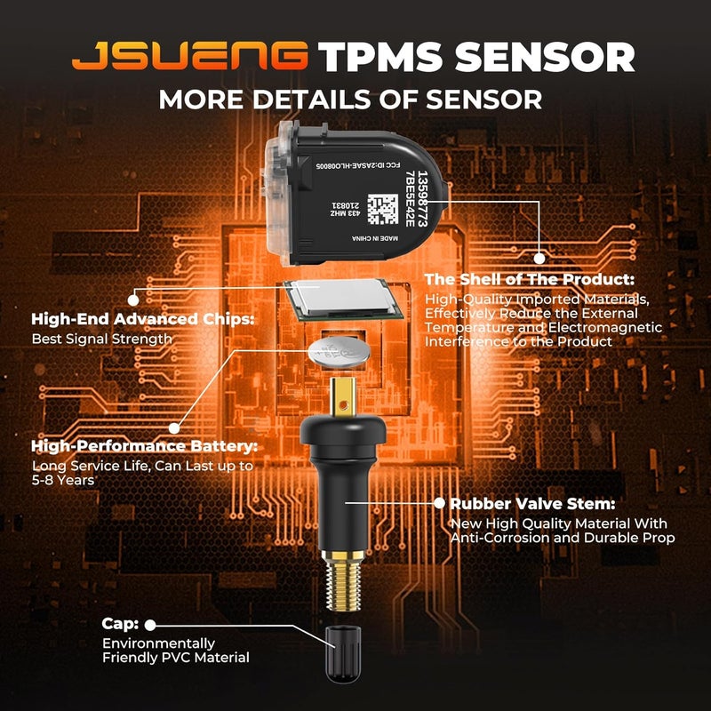 Jsueng TPMS Sensor GM, 433Mhz Tire Pressure Monitoring System Compatible with Buick| GMC| Chevrolet| Cadillac,4 PCS Tire Pressure Sensors Replaces#13598773 13516165 13595873 - Image 3