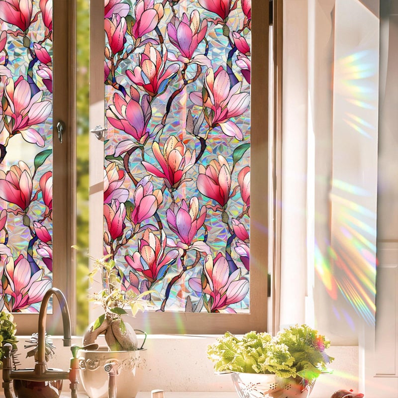 Aomkmi Stained Glass Window Film UV Resistant Window Privacy Film Pink Floral Privacy Rainbow Decals Living Room Bedroom Sun Blocking Decor Removable Static Cling Stickers 17 x 78.74 Inch - Image 1