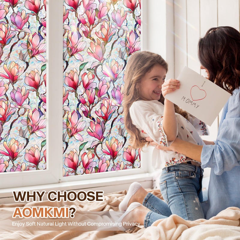Aomkmi Stained Glass Window Film UV Resistant Window Privacy Film Pink Floral Privacy Rainbow Decals Living Room Bedroom Sun Blocking Decor Removable Static Cling Stickers 17 x 78.74 Inch - Image 2