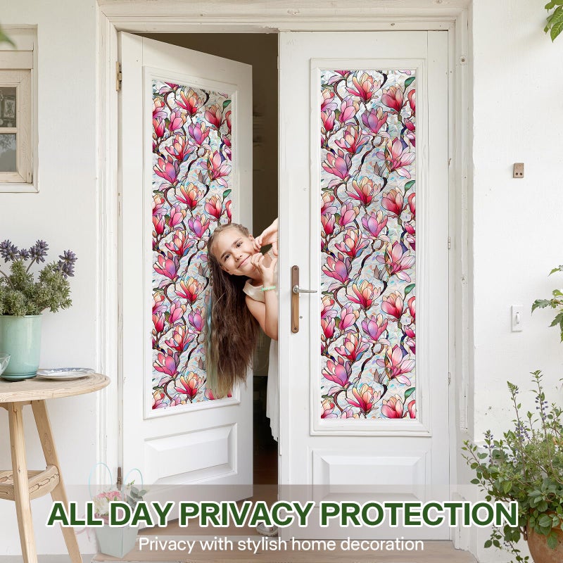 Aomkmi Stained Glass Window Film UV Resistant Window Privacy Film Pink Floral Privacy Rainbow Decals Living Room Bedroom Sun Blocking Decor Removable Static Cling Stickers 17 x 78.74 Inch - Image 3
