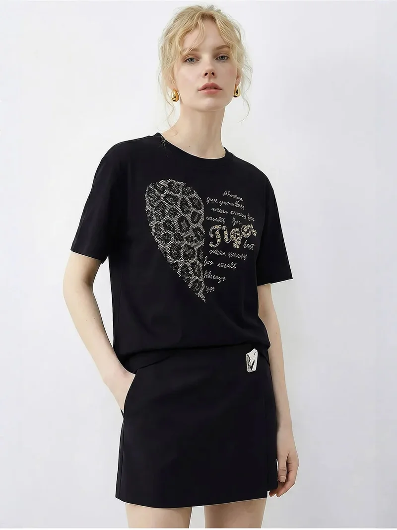 Bianco Lucci Black LUCCI Crew Neck Sequin Text Print T-Shirt for Women | Best Price UAE