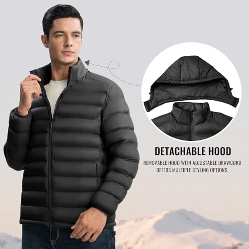 Rdruko Men's Puffer Jacket with Detachable Hood Lightweight Water Resistant Insulated Winter Puffy Coat, Black, Small - Image 5