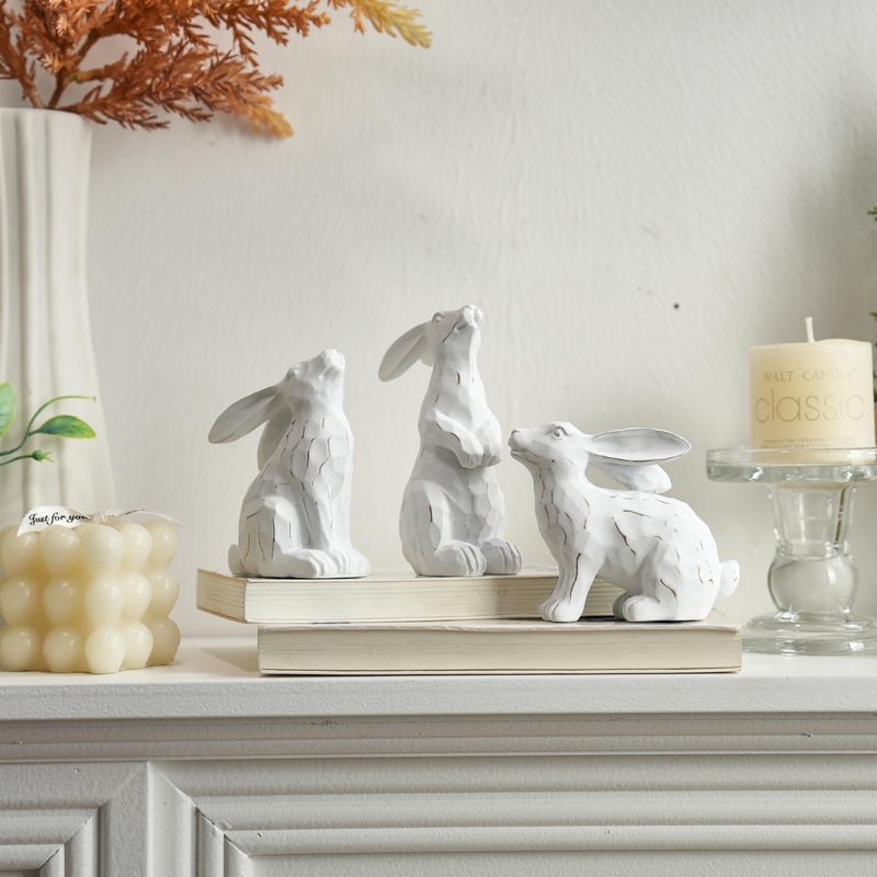 AOMOONOA White Easter Bunnies with Gold Wash, 3Pcs Small Bunny Figurines, Resin Rabbit Statues with Wood-Like Carved Texture, Vintage Table Centerpiece for Spring, Elegant Home, Mantle Shelf Decor - Image 4