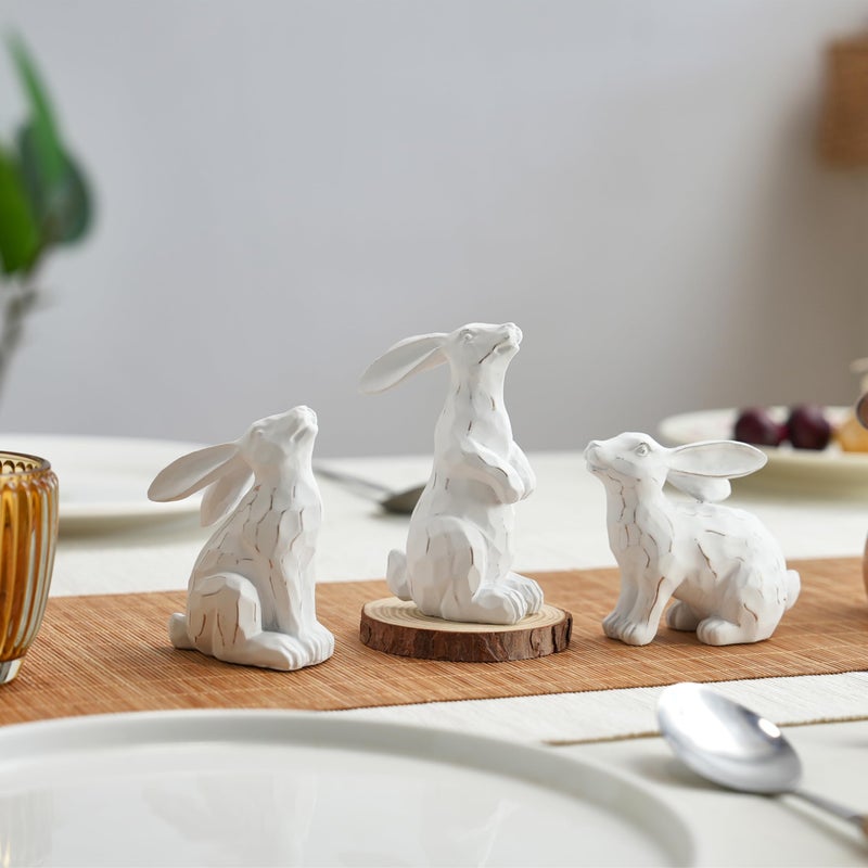AOMOONOA White Easter Bunnies with Gold Wash, 3Pcs Small Bunny Figurines, Resin Rabbit Statues with Wood-Like Carved Texture, Vintage Table Centerpiece for Spring, Elegant Home, Mantle Shelf Decor - Image 2