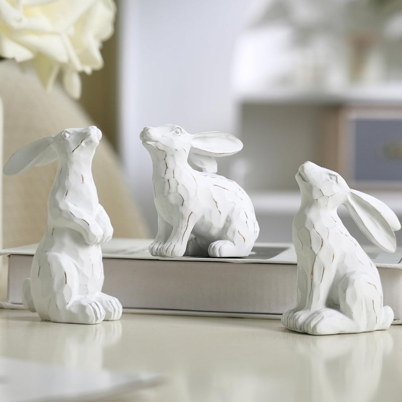 AOMOONOA White Easter Bunnies with Gold Wash, 3Pcs Small Bunny Figurines, Resin Rabbit Statues with Wood-Like Carved Texture, Vintage Table Centerpiece for Spring, Elegant Home, Mantle Shelf Decor - Image 1