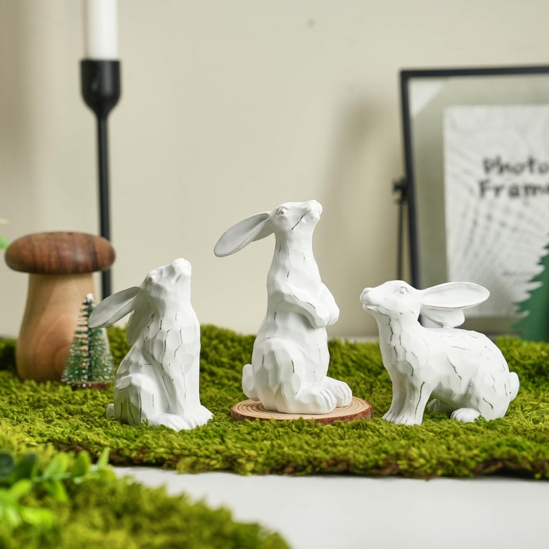 AOMOONOA White Easter Bunnies with Gold Wash, 3Pcs Small Bunny Figurines, Resin Rabbit Statues with Wood-Like Carved Texture, Vintage Table Centerpiece for Spring, Elegant Home, Mantle Shelf Decor - Image 3