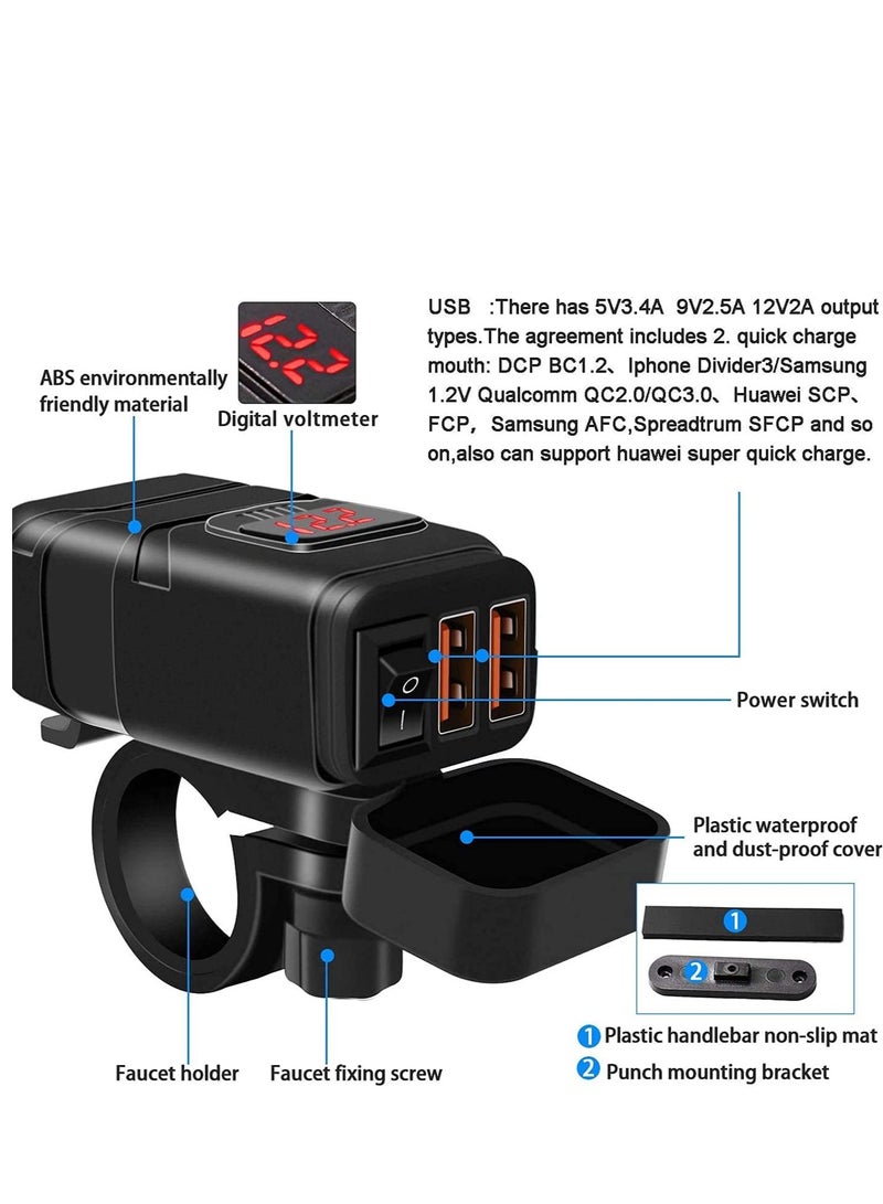 Motorcycle Charger SAE to USB Car  Adapter, Dual Fast and 12V Voltmeter with Independent On/Off Power Switch and 10A Fuse Charging Kit for Phone, GPS, Tablet - Image 2