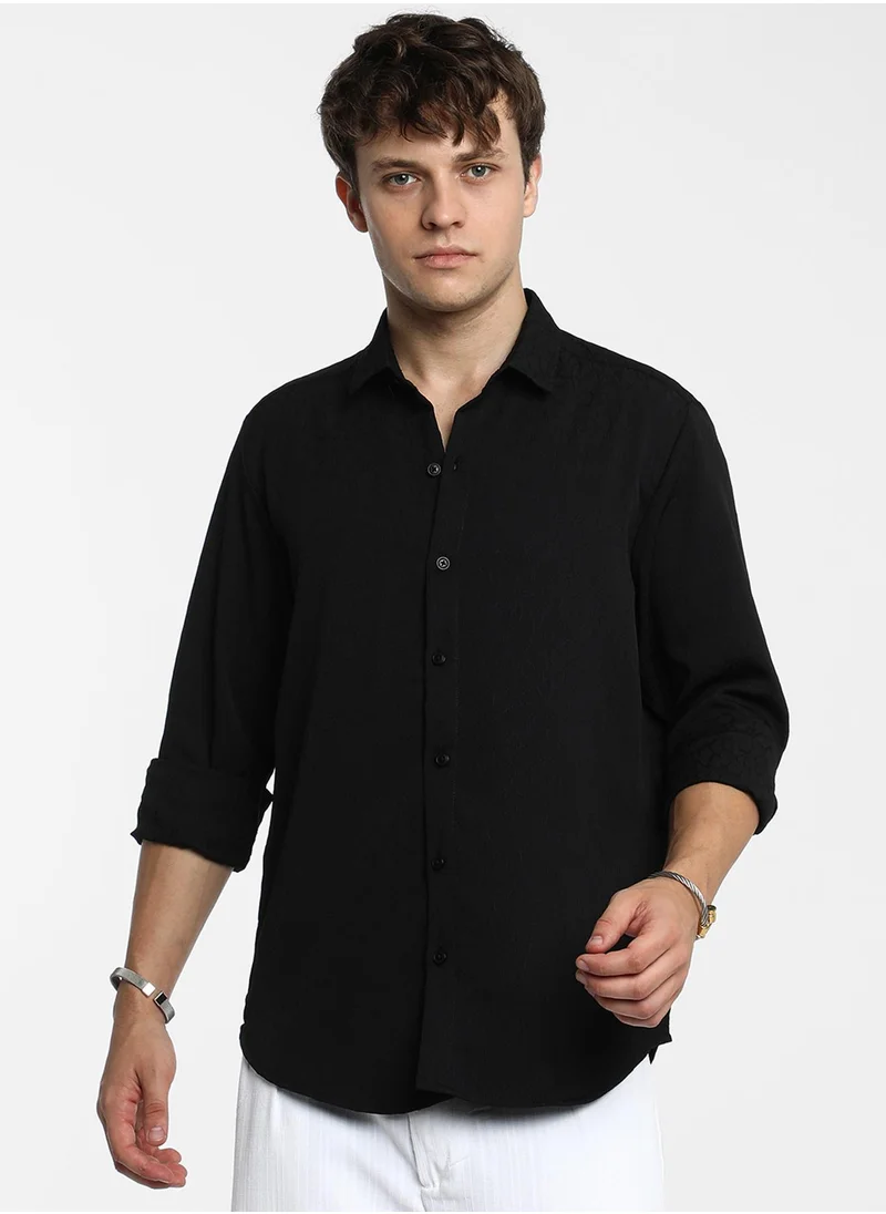 كامبوس سوترا Men's Midnight Black Veined-Textured Shirt
