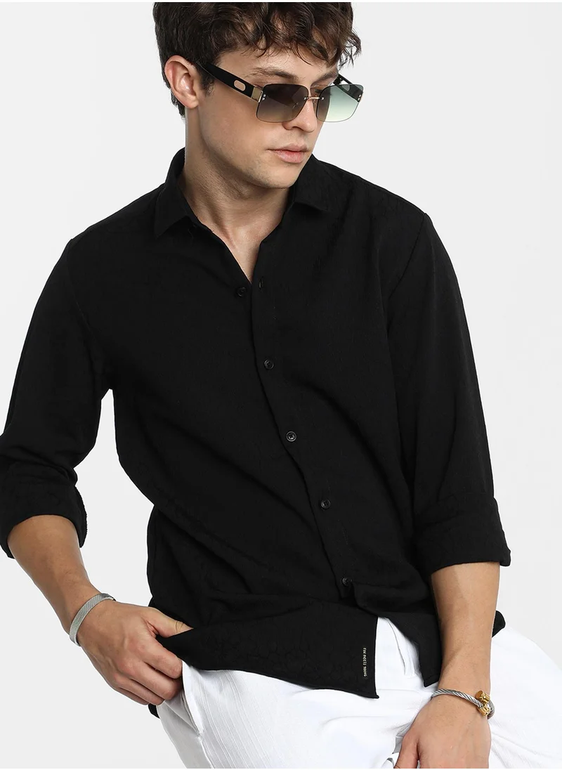 كامبوس سوترا Men's Midnight Black Veined-Textured Shirt