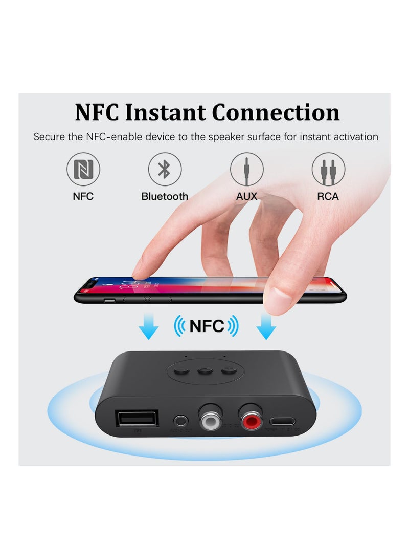 مستقبل صوت بلوتوث مزود بتقنية NFC، محول صوت لاسلكي بتقنية بلوتوث 5.2 لأجهزة ستيريو المنزل/ستيريو السيارة/مستقبل AV/سماعات الرأس/مكبر الصوت، مكالمات بدون استخدام اليدين، محول RCA AUX 3.5 مم - Image 2