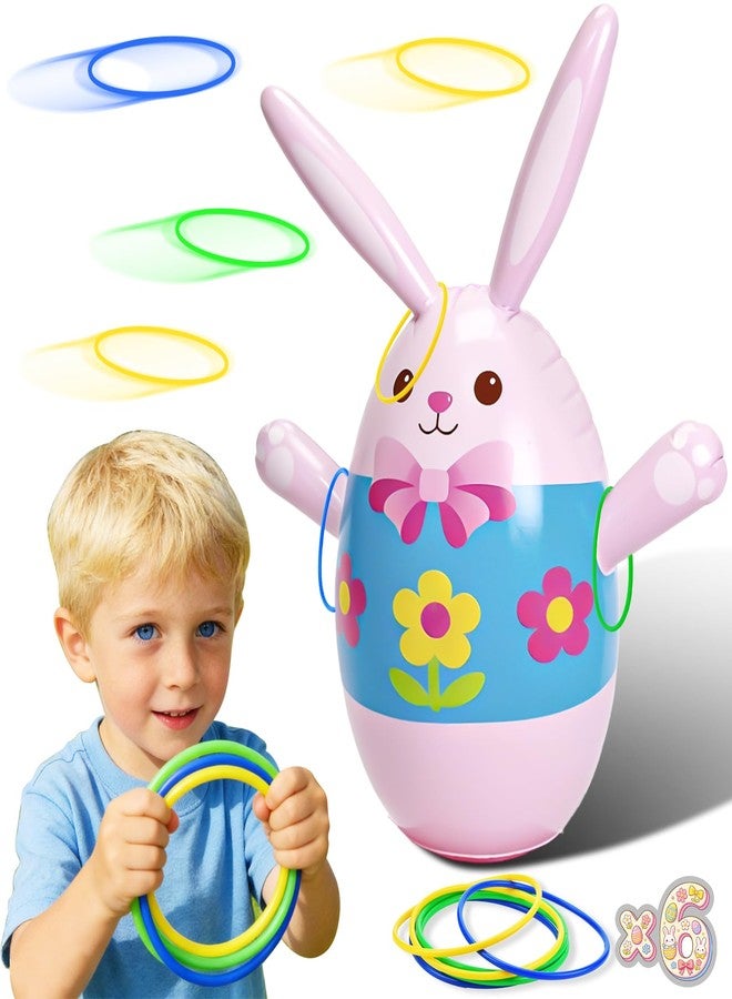 Buufan Easter Inflatable Bunny Ring Toss Game with 6 Plastic Rings, 37in Wobble Punching Rabbit Toy for Kids, Outdoor Family Yard Activity, Easter Party Decoration Gift - Image 1