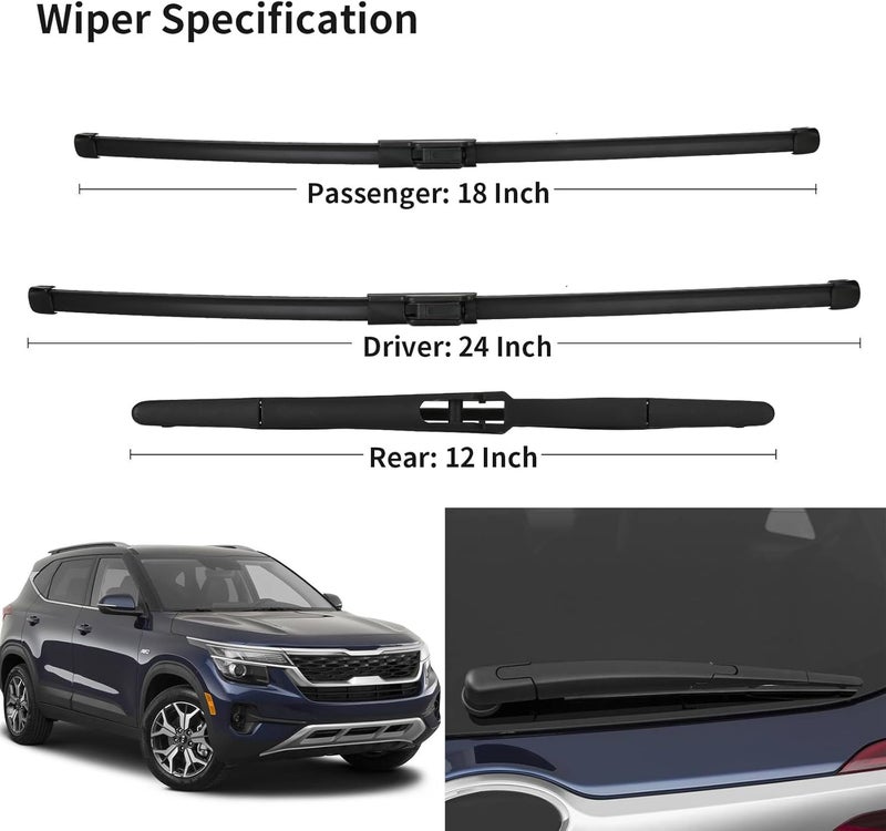 WINNERS Windshield Wiper Blades for Kia Seltos 2021-2024 - Front 24 Inch, 18 Inch & Rear 12 Inch - Image 3