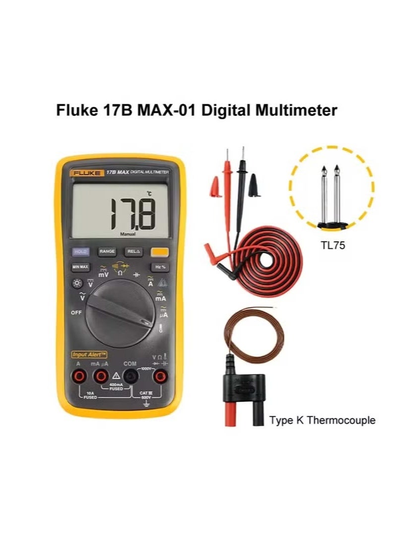 جهاز فلوك 17B MAX-01 متعدد القياسات الرقمي مع أسلاك اختبار TL75 ومزدوج حراري من النوع K - طقم اختبار كهربائي وحراري متكامل