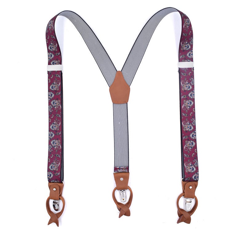 Mens Trendy Suspenders 3.5cm Adjustable Elastic 6 Clips Casual Straps Red cashew nuts 