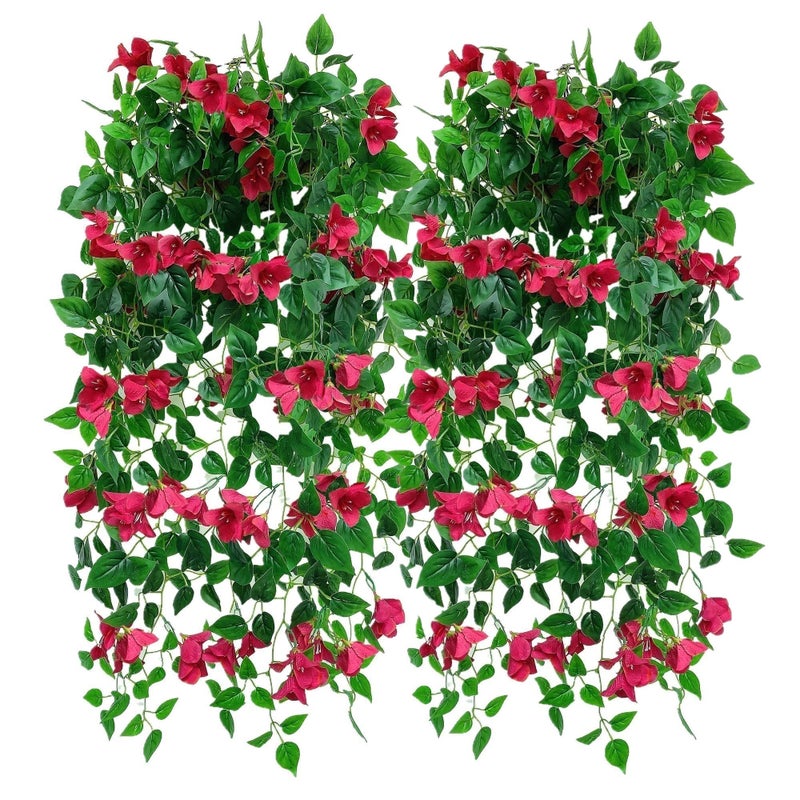 swerchor Magrowie Pack of 4pcs Artificial Hanging Bougainvillea Silk Plastic Flower Vines Faux Plant for Indoor Outdoor Home Farmhouse Garden Porch Eave Wall Fence Wedding Party Decor Fuchsia