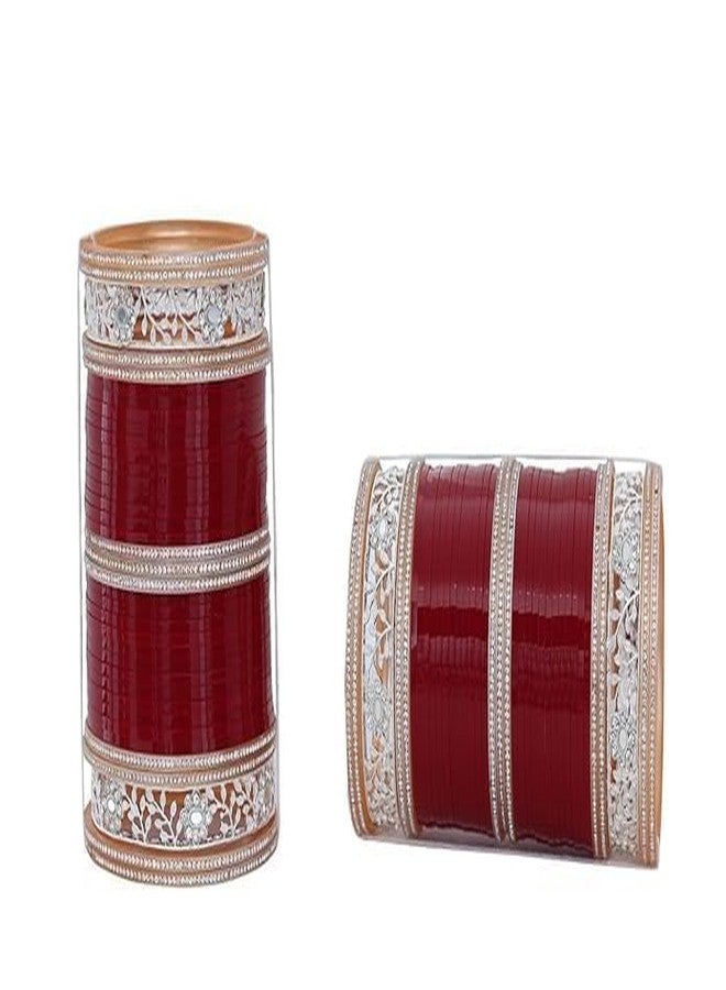 BANGLESKART مجموعة أساور الزفاف النسائية من BANGLESKART Dulhan Maroon Punjabi Chuda للسيدات. (2.2) - Image 1